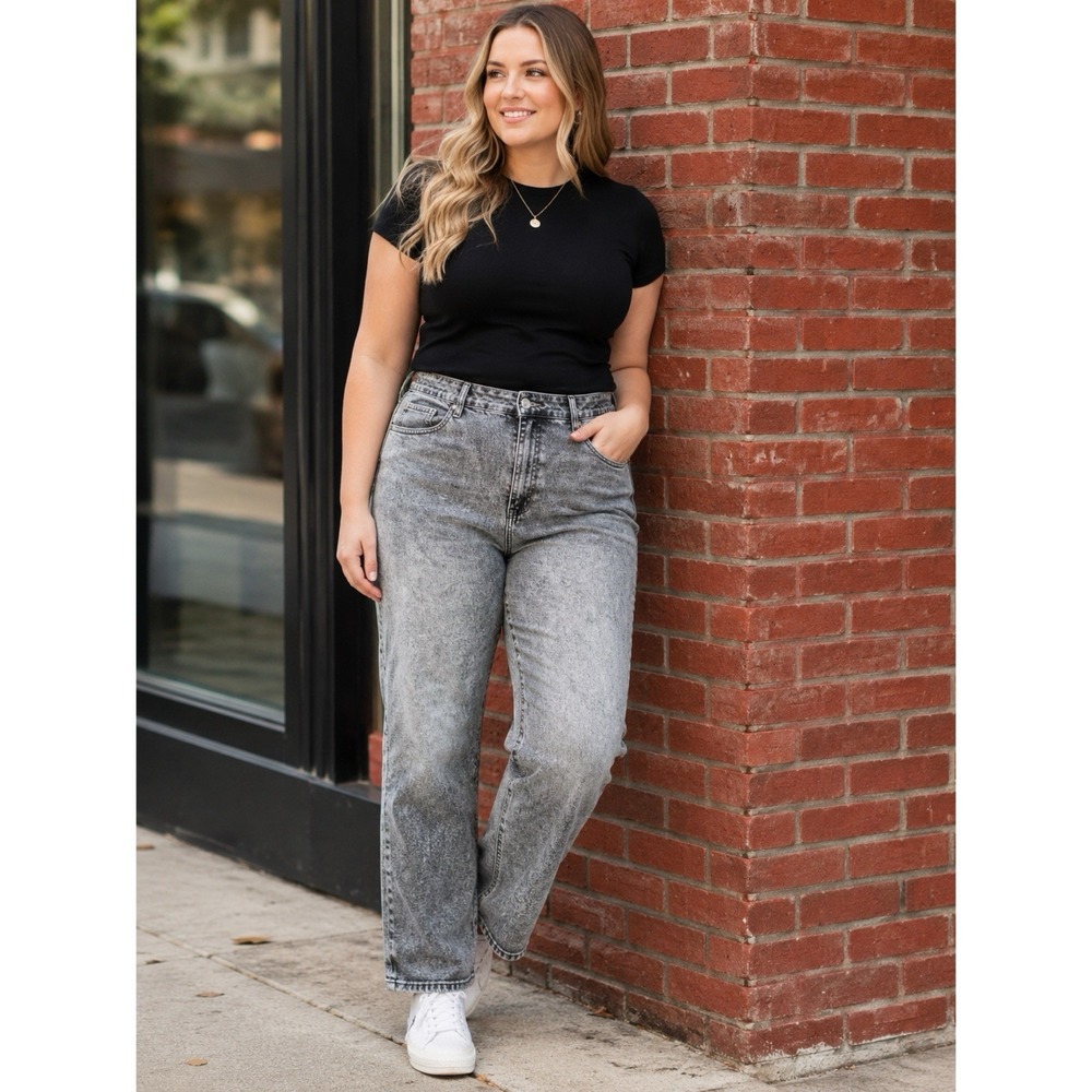 ELOQUII Size 22 Gray Acid Wash Straight Leg Stretch Jeans Pockets